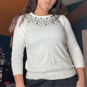 Charter Club White Sweater with Silver Embellishments